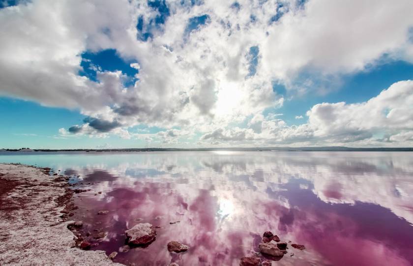 De adembenemende rozekleurige zoutmeren van Torrevieja en La Mata, Spanje